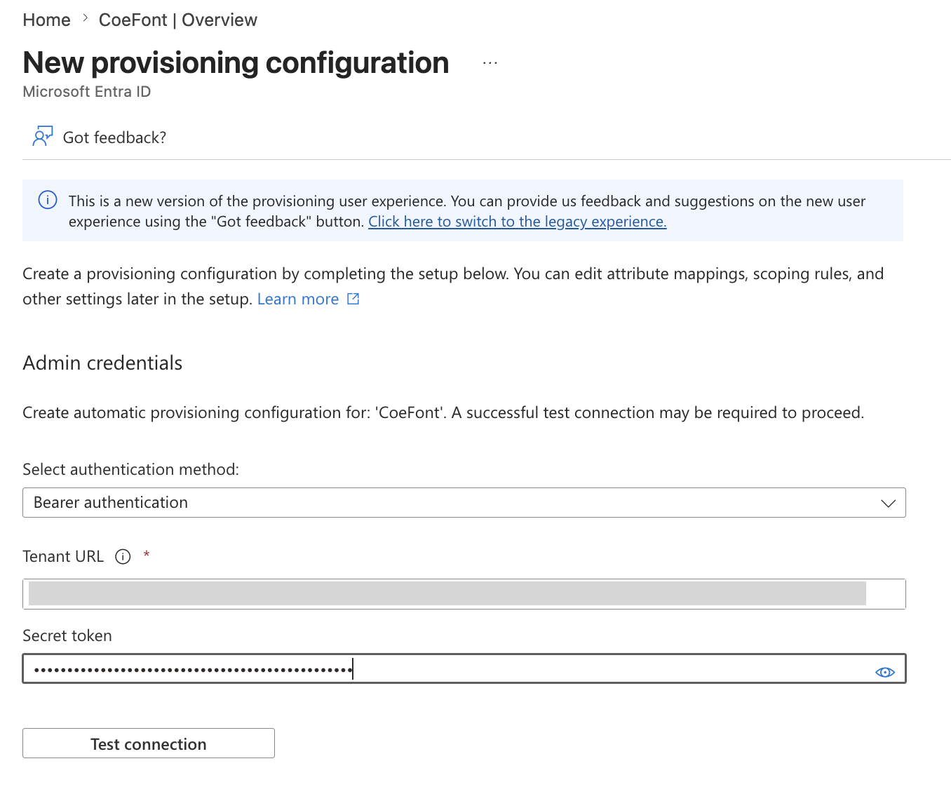 Entra ID Provisioning Credential Settings