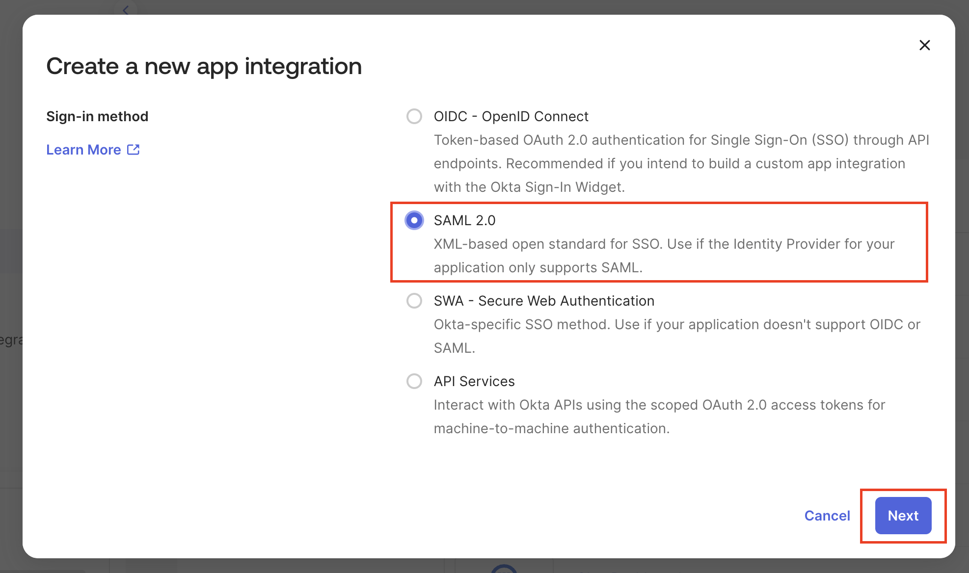 Okta select SAML 2.0