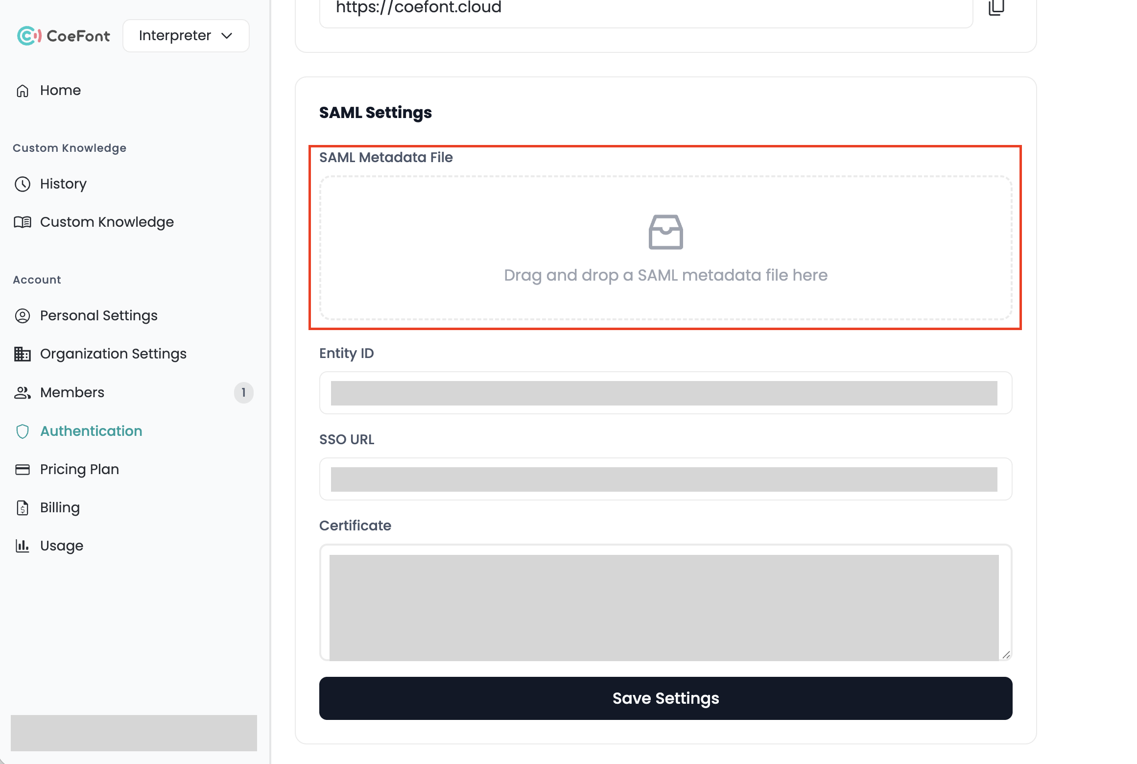 CoeFont Interpreter SAML settings screen
