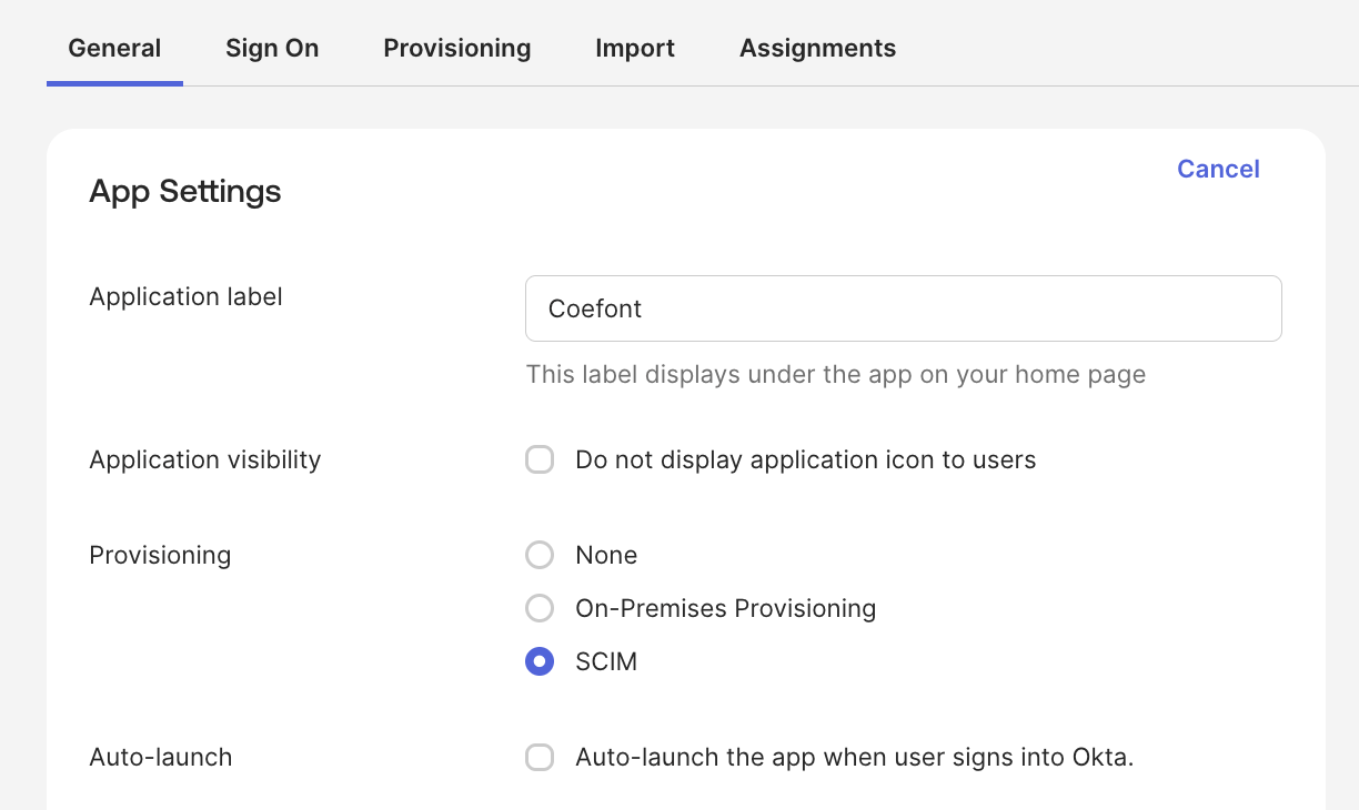 Okta Provisioning Settings (SCIM)