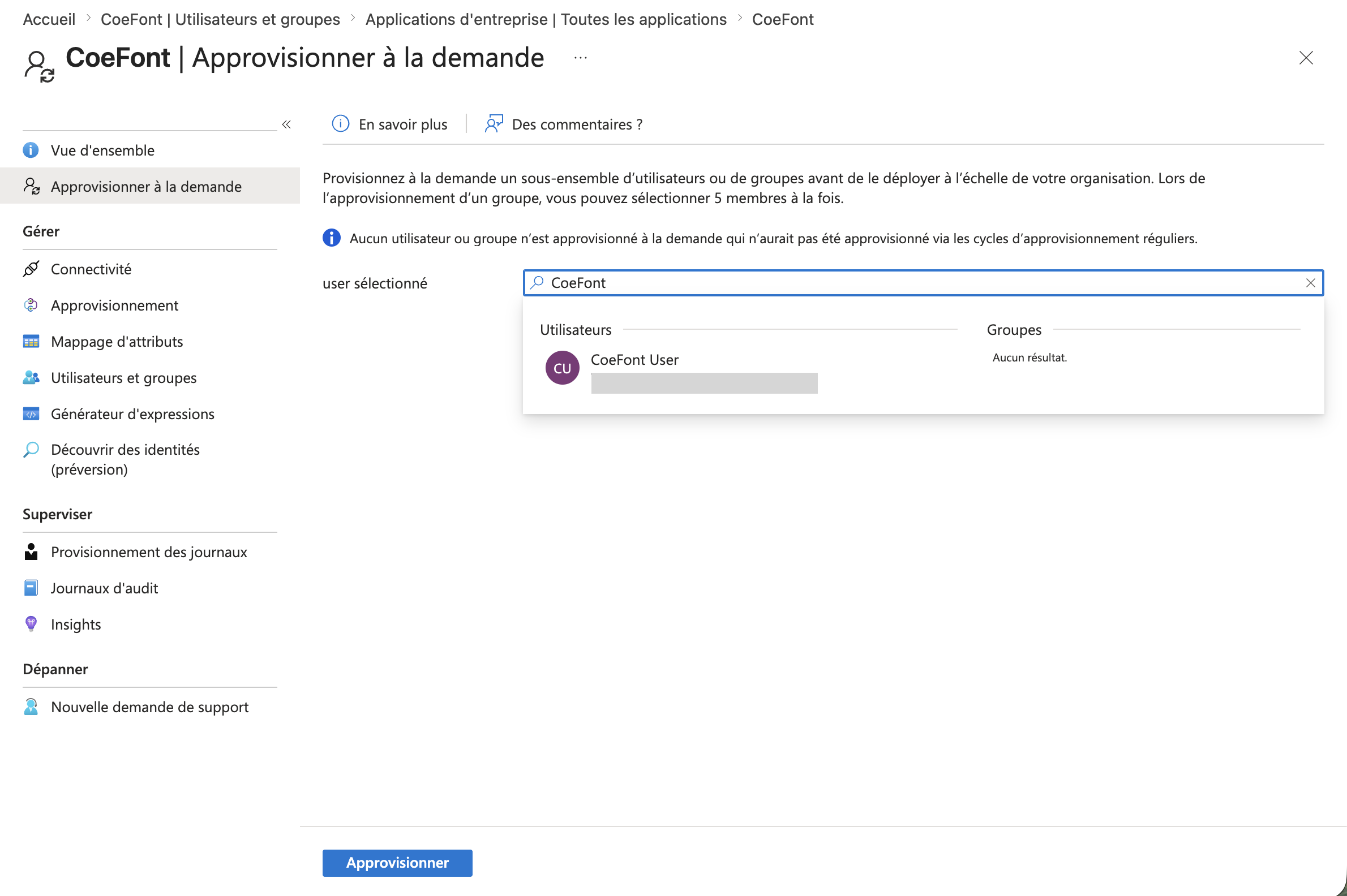Entra ID — Sélection d'utilisateur pour le provisionnement à la demande