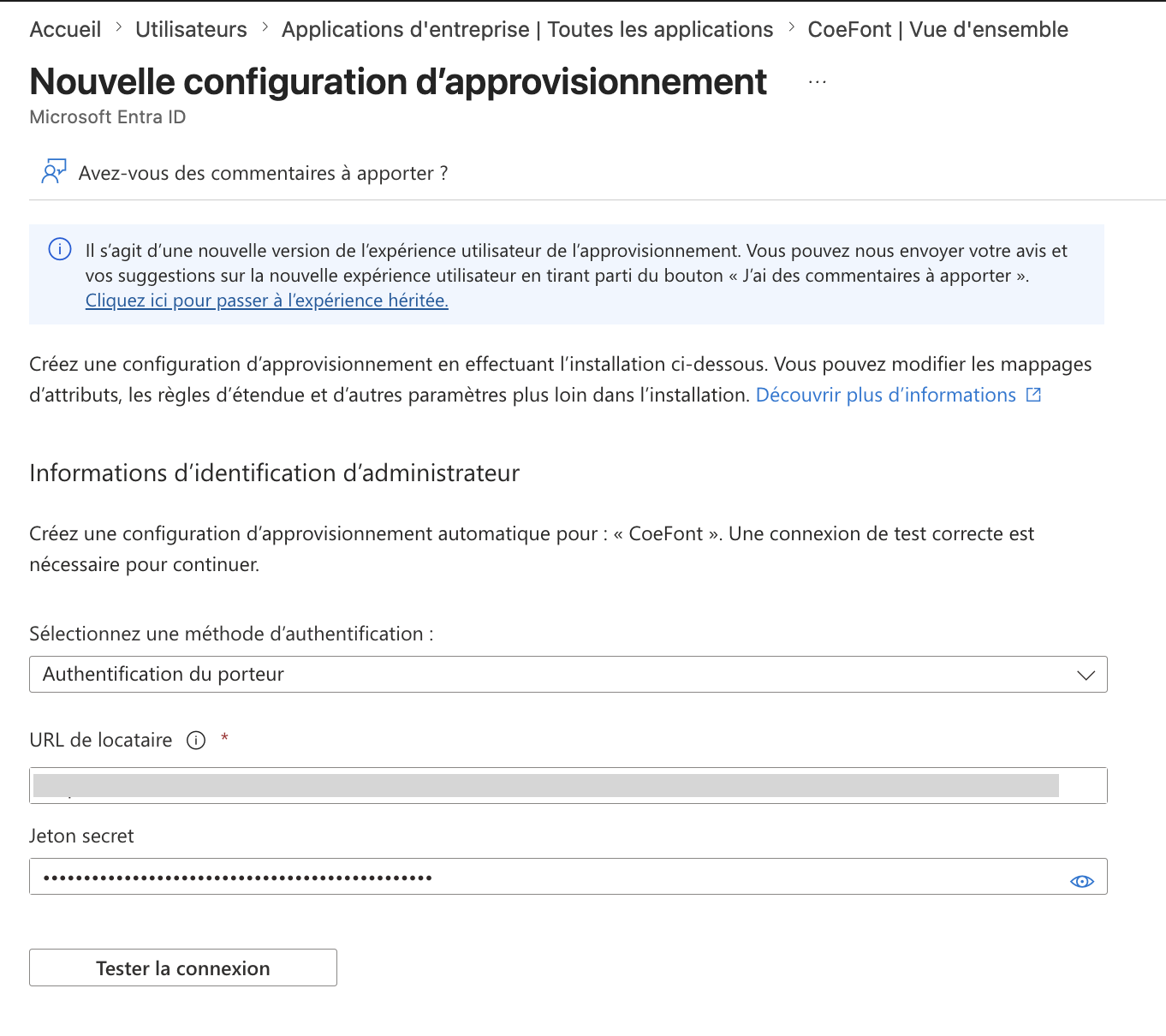 Paramètres des informations d'identification de provisionnement Entra ID