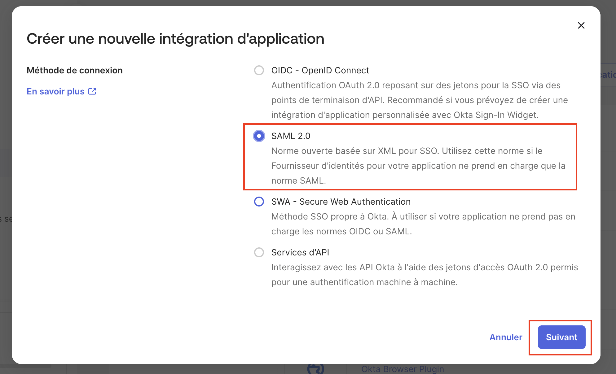 Okta sélectionner SAML 2.0