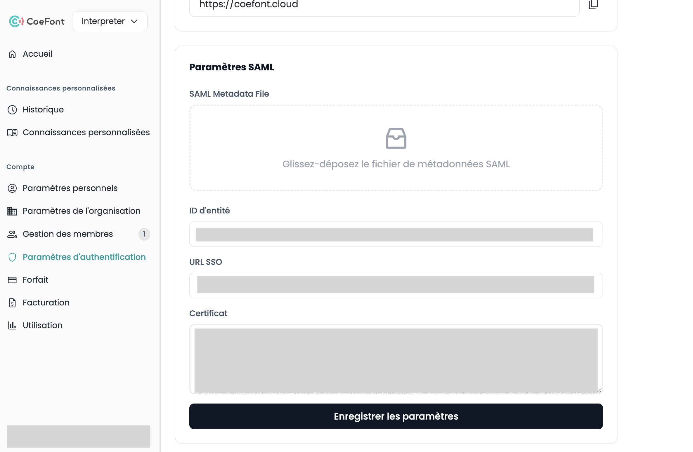 Écran des paramètres SAML de CoeFont Interpreter
