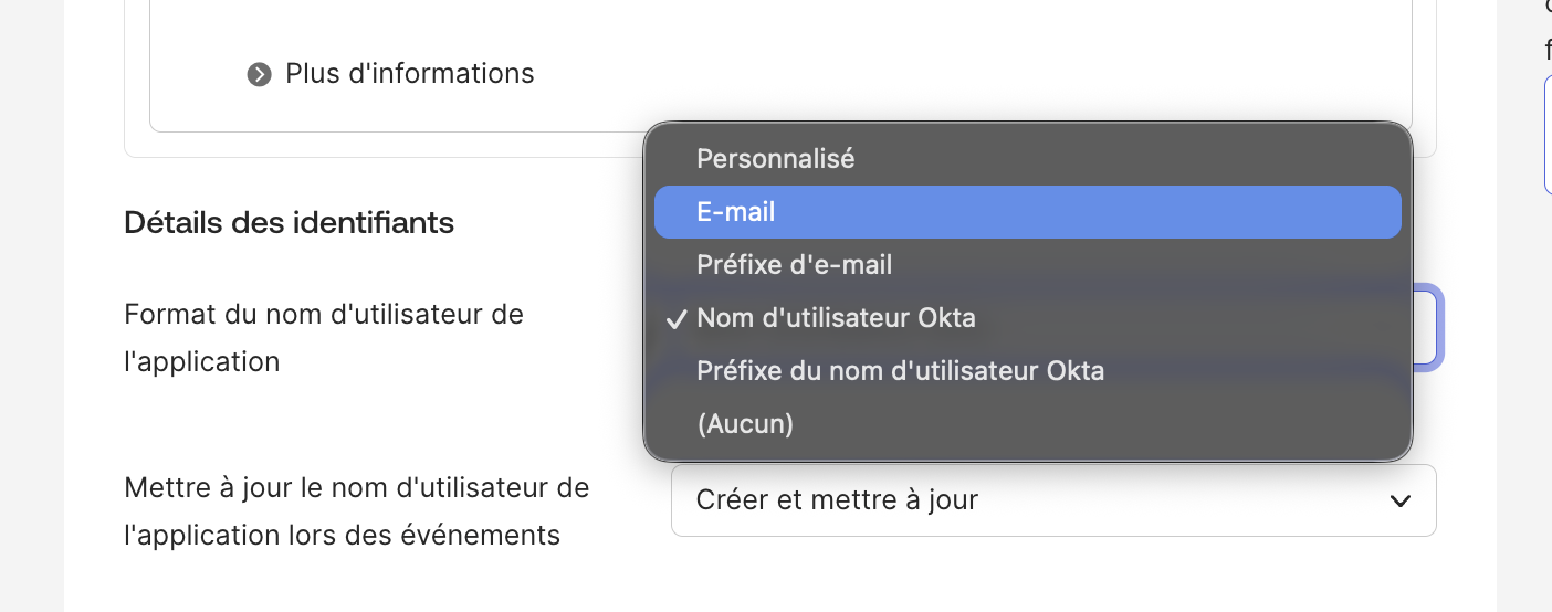 Format du nom d'utilisateur Okta défini sur E-mail