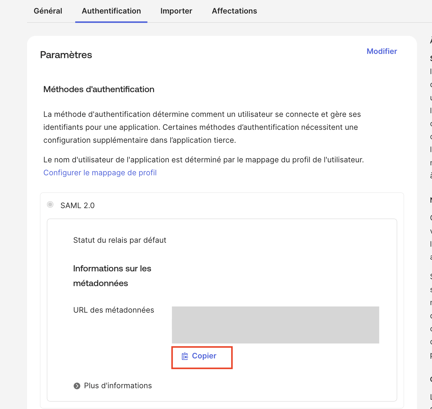 URL des métadonnées Okta