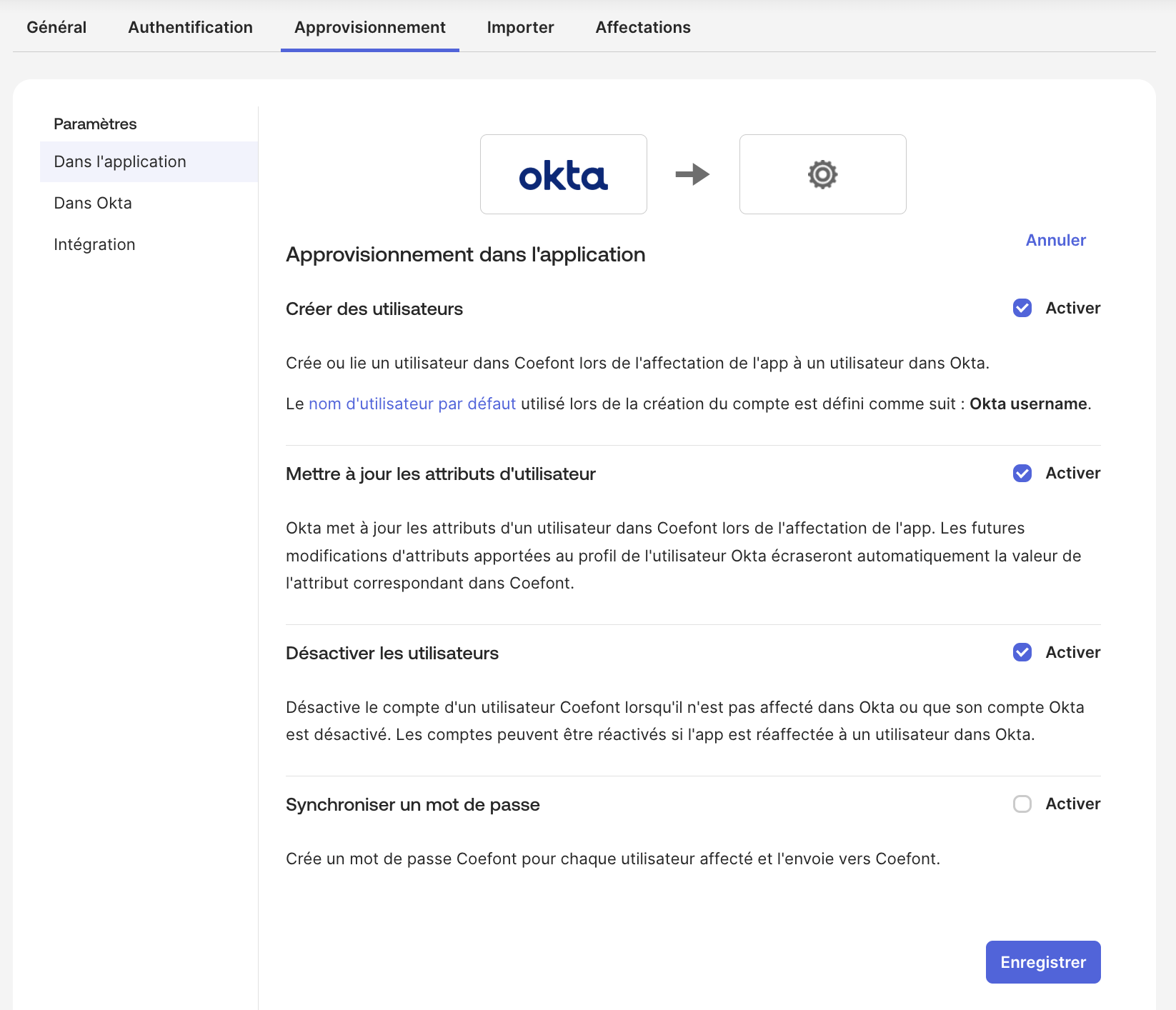 Activation du provisionnement Okta
