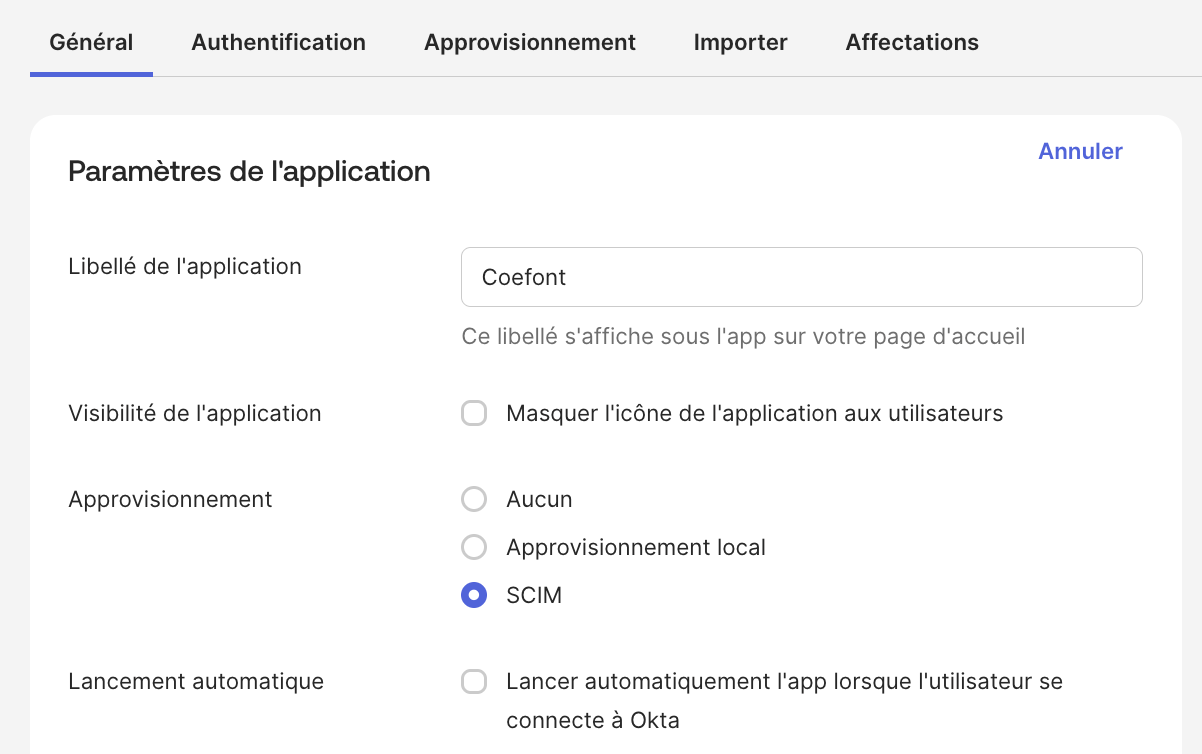 Paramètres de provisionnement Okta (SCIM)